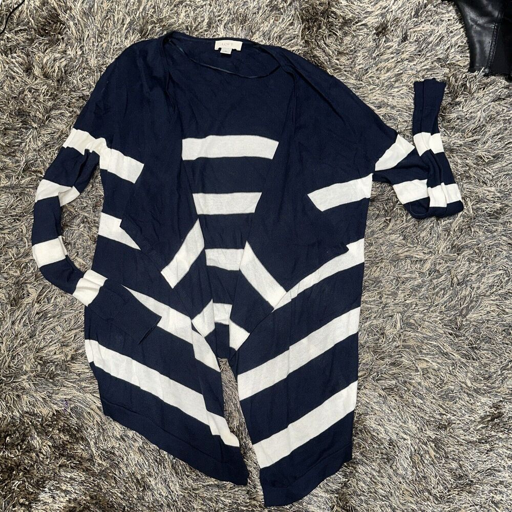 Ann Taylor LOFT Navy Cream Striped Drape Open Front Long Sleeve Cardigan Sz Med